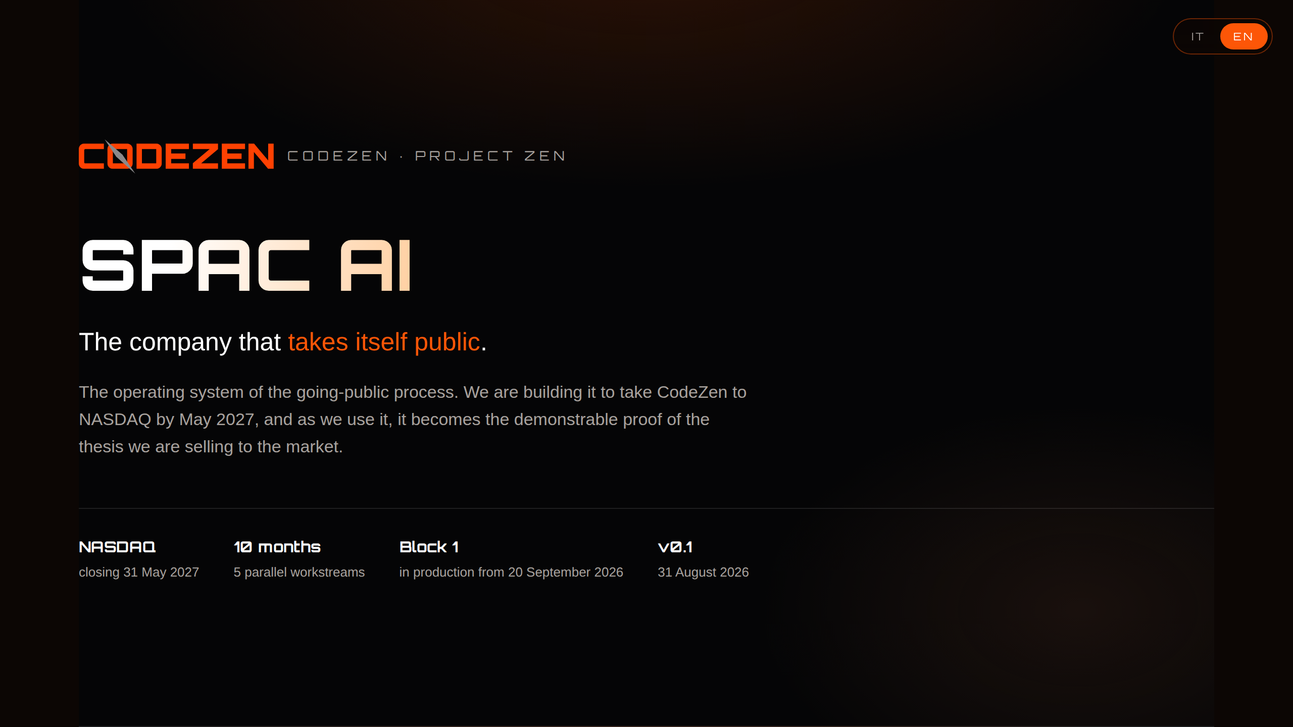 Anteprima della console SPAC AI con deal, milestone, data room e registro prove